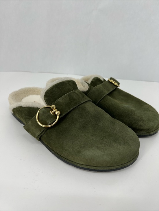 Stuart Weitzman Shoes - Stuart Weitzman Olive Green Suede Shearling-Trim Mules with Gold Ring